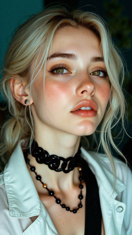  a lifelike portrait of a young woman with soft platinum-blonde hair styled in loose, tousled strands. Her glowing skin, adorned with delicate freckles, is illuminated by soft, ethereal lighting. She has amber-colored eyes with intricate, realistic detailing that draws focus. Her lips are glossy with a natural, peachy-pink hue, slightly parted in a thoughtful expression. A chunky black choker necklace sits snugly against her neck, adding contrast to her pale complexion. The background is softly blurred, with hints of cool blues and greens that enhance the dreamy, tranquil atmosphere. The fine details of her skin, strands of hair, and jewelry add to the photorealism.












