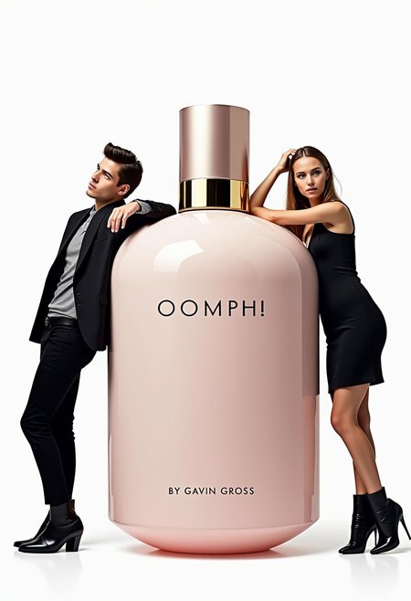 photo for a full page advertisement in a fashion magazine. The photo shows a giant perfume bottle at the center, with a young woman leaning to it from the right and a young man leaning to it from the left. The bottle is labeled "OOMPH! By Gavin Gross". The man and the woman are models wearing expensive fashionable clothes and look at the viewer with expressionless faces. The background is plain white. The overall impression is that of a glossy professional product