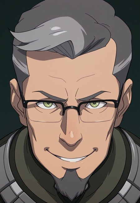 safe_pos, safe_pos, rating_nsfw, ultra hd, absurdres, solo, masterpiece, best quality, male focus, 1boy, 

LOKBataar, facial hair, glasses, green eyes, grey hair, green clothes, portrait, headshot, smiling, looking at viewer