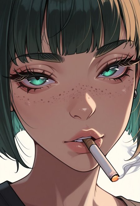 PSC0DLIK_STL, masterpiece, best quality, very aesthetic, high resolution, ultra-detailed, absurdres, newest, perfect lighting, hi res, amazing quality, very awa, psc0dlik_stl, 1girl, solo, cigarette, looking at viewer, freckles, close-up, lips, smoking, eyelashes, portrait, bangs, mouth hold, piercing