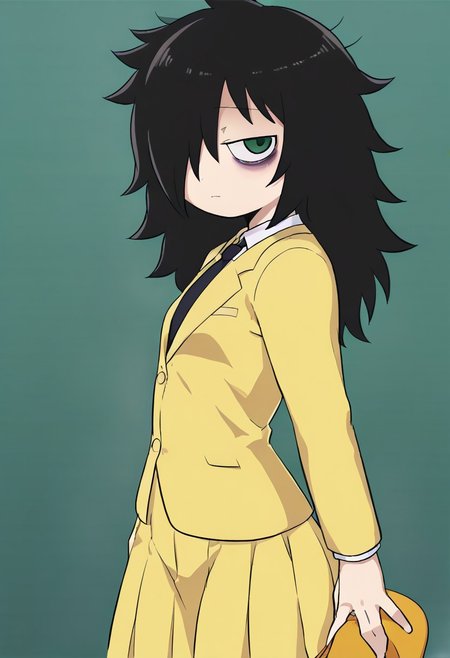 (zPDXL3), 
(zPDXLxxx), 
1girl, 
solo, 
Kaxiota,
kuroki tomoko,
long hair, black hair, green eyes,yellow eyes, hair over one eye, black pupils, messy hair, bags under eyes,
black necktie, yellow skirt, yellow jacket, necktie, skirt, jacket, closed jacket, school uniform, pantyhose, black pantyhose, blazer, long skirt, small breasts, flat chested,
stoop,
looking at viewer,
side view,
bust up,
school background,
