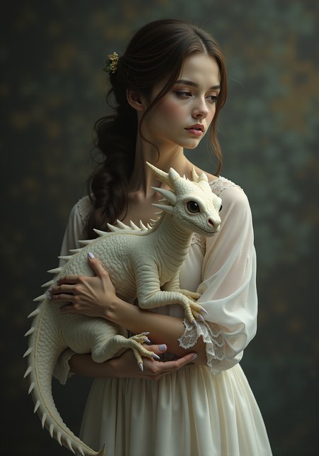 Dark Moody Atmosphere, hyper-detailed, beautifully color-coded, cinematic photo ultra realistic ultra realistic,muted colors,by Brent Heighton,by Richard Schmid,<lora:Flux_Skin_Texture:1>,<lora:FluXPhoto:1>,
a beautiful A 40-year-old female lady with a cute little white dragon in her arms stands , 
hyperdetalization of small elegant details. the most detailed girl's face is the effect of a studio photo shoot. beige-white gamma, 
splashes of white a lot of small, 
exquisite, 
elegant details in the style of Jean-Baptiste Monger, 
perfect composition, 
beautiful details, 
intricate, 
insanely detailed, 
photorealistic., 35mm photograph, film, bokeh, professional, 4k, highly detailed, sharp focus, Character, Full body, Concept design, Sheet, Ultra wide view, Ultra detailed, ultra detailed, intricate details insane details, intricate details, beautifully color graded,  insanely detailed and intricate, hypermaximalist, elegant, hyper realistic, super detailed, dramatic, mysterious, dark moody atmosphere, Photorealism