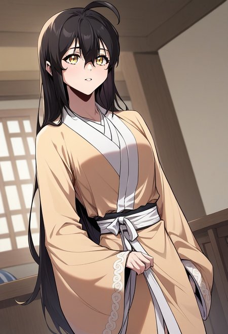 score_9,score_8_up,score_7_up,score_6_up,blurry, blurry background,1girl,wi seolah,solo,long hair,black hair,hair between eyes,ahoge,yellow eyes,robe,wide sleeves,long sleeves,posing,volumetric light,indoors,living room,cowboy shot, dutch angle