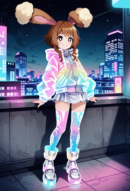masterpiece, best quality, no humans,  smile,    [Cyber Glam Rooftop Party], zzBuneary, brown hair, fluffy ears, round eyes, fur details, pastel pink, futuristic aesthetic, 1girl, solo, neon jacket, holographic leggings, metallic boots, high-tech accessories, digital holograms, city skyline, glowing lights â zzBuneary stands tall on a rooftop overlooking the city, bathed in neon hues. Her fluffy ears twitch as the city hums with the pulse of techno beats, and her holographic leggings shimmer under the moonlight. She strikes a dynamic pose, her metallic boots planted firmly on the ground, as digital holograms swirl around her, enhancing the futuristic, high-energy vibe of the scene.    <lora:BunearyPokedex_IXL:1.0>,  C0utur3Cr4z3, <lora:CoutureCraze_IXL:0.6>,