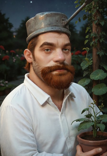 Score_7_up, score_8_up, upper body, male focus, crazydave, pot on head, facial hair, white shirt, holding, plant pot, night, garden, looking at viewer, male focus, solo focus,
