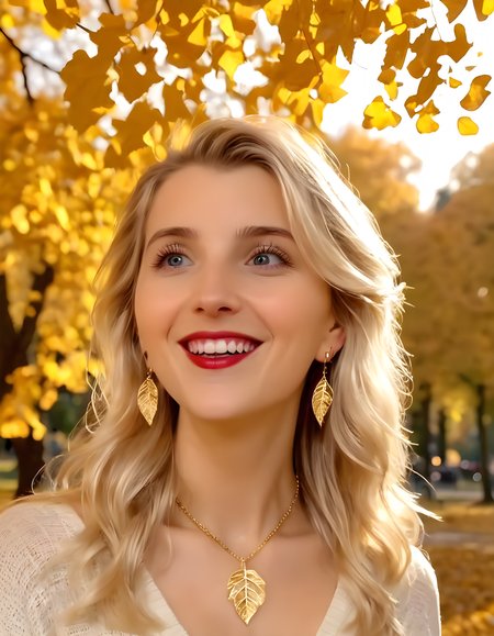 ameliagabs, In a vibrant autumnal park, Amelia Gabs, a radiant blonde woman with long cascading hair and a captivating smile that accentuates her pearly white teeth and luscious red lips, assumes a thoughtful pose while admiring a delicate pendant hanging from a golden chain around her neck. The camera is positioned at eye level, capturing the intricate details of her expressive eyes and the glistening jewels embedded in her earrings, with the golden leaves of the surrounding trees providing an ethereal, warm backdrop to this intimate moment.