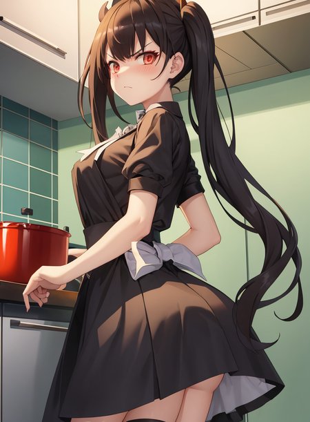 (extremely detailed CG unity 8k wallpaper),(masterpiece), (best quality), (ultra-detailed), (best illustration),(best shadow), (sharp eyeliner, eyeshadow, detailed eyes:1.1), (kitchen:1.2), cowboy shot
,BREAK
ouroboros, (maid, maid apron, maid headdress:1.2), scowl, angry, furrowed brow, flush, blush, looking at viewer
 <lora:Ouroboros:1>
