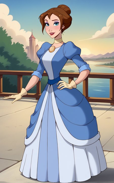 score_9, score_8_up, score_7_up, looking at viewer,  BREAK
BlueDress_JanePorter_ownwaifu, 
1girl, blue eyes, breasts, brown hair, single hair bun, short hair, makeup, lipstick, jewelry, hair bun, lips, necklace, red lips, 
blue dress, brooch, long dress, puffy sleeves, sleeves rolled up, turtleneck, yellow gloves, dress, gloves, juliet sleeves, white gloves, choker,
(contrapposto, hand on hip), sunset, sidelighting, cityscape, vanishing point, outdoors, <lora:PONYXL_Tarzan_JanePorter_ownwaifu:1> , depth of field, solo,