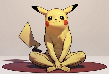 score_9, score_8_up, score_7_up BREAK Longchu, yellow body, black round eyes, black ear tips, red circle cheeks, full body, tall, long legs, sitting on floor, looking at viewer,