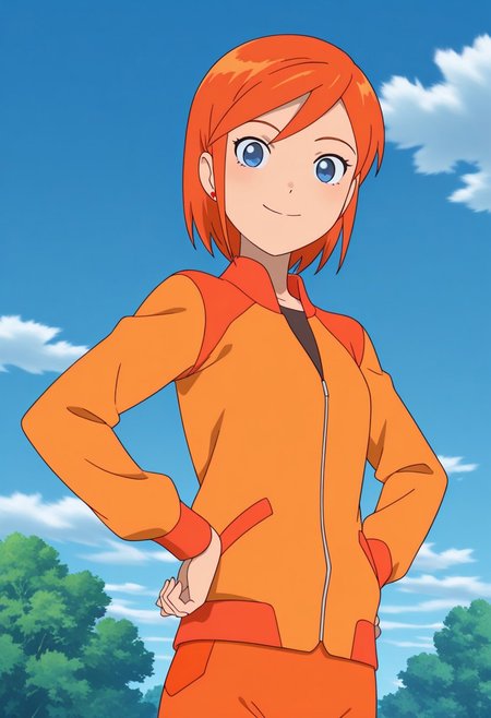 masterpiece, best quality, source_anime,official art,perfect_anatomy,luna,1girl,blue eyes,short hair,orange hair,earrings,jewelry,jacket,looking_at_viewer,smile,hands_on_hip,cowboy shot,day,blue_sky,cloud