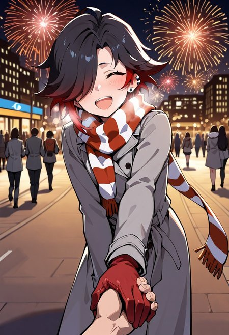 (masterpiece, best quality:1.3),1boy:otoko no ko, flat chest, black hair,red eyes,hair over one eye, red tips,ear piercing,

striped scarf,gray coat,red gloves

happy,poiting forward,holding hands,closed eyes,open mouth,pov hands,

outdoors,city,fireworks,(blurry background:1.4),(cinematic lighting,hard shadows:1.1),(bokeh:1.3)