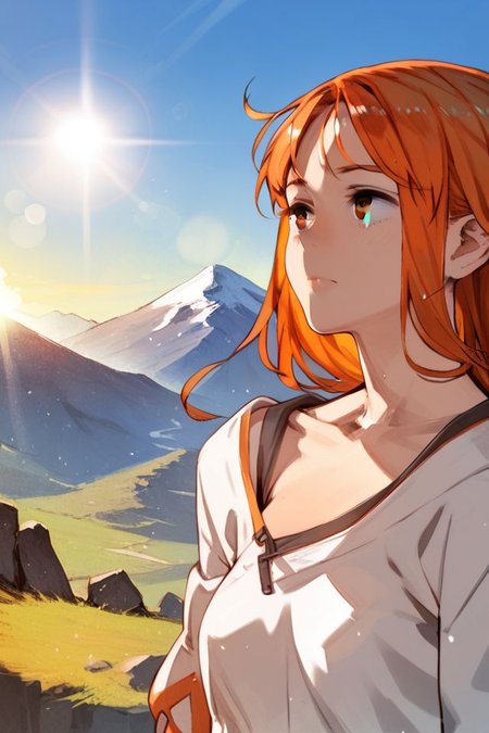 score_9, score_8_up, score_7_up, 1girl, dizzy, orange hair, full_bangs, dark_brown eyes, medium breasts, hand_on_own_chest, mountain, lens flare <lora:toi8_PonyXL_style_v01:1>