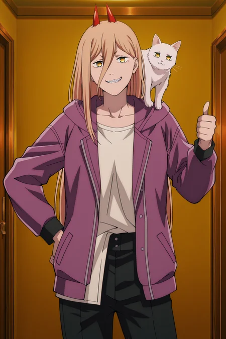 anime screencap, anime coloring, detailed face, masterpiece, best quality, very aesthetic, absurdres, volumetric lighting, official style, amazing quality, ultra detailed,  highres, amazing quality, scenery, beautiful detailed hair, beautiful detailed eyes,
<lora:StS-Illustrious-Detail-Slider-v1.0:4>
 <lora:Power_Chainsaw_Man_-_Illustrious_V2:1>
in a room,
power (chainsaw man), 1girl, solo, red horns, long hair, hair between eyes, blonde hair, yellow eyes, symbol-shaped pupils, cross-shaped pupils, collarbone, sharp teeth,
Power purple jacket outfit, purple jacket, hoodie, long sleeves, open clothes, white shirt, black pants, 
cowboy shot,  smug grin, looking at the viewer, thumbs up, hand on hips,
white cat, cat on shoulder,
