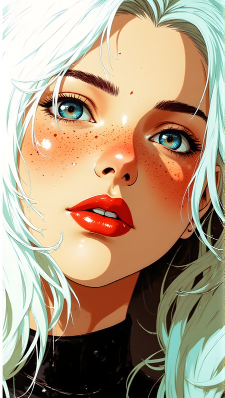 A close-up portrait of a person with striking features. The individual has bright blue eyes that stand out vividly against their fair skin, which is dotted with numerous freckles. Their hair is a mix of white and light blue hues, giving it a unique and eye-catching appearance. The lips are full and painted in a bold red color, adding to the overall intensity of the image. The lighting is bright, highlighting the details of the face and creating a high-contrast effect. The background is dark, which further accentuates the subject's features and makes them the focal point of the photograph. The overall composition is dynamic and visually engaging.
j_art, anime, anime art, <lora:FLUX\jul\J_Anime:1.0>, <lora:FLUX\Anime Art V3:0.1>, <lora:FLUX\RM_Artistify_v1.0M:0.1>, <lora:FLUX\RetroAnimeS1.1:0.1>