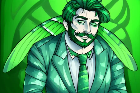 <lora:slimeTutorialFamily_beetlejuice:.6>  1boy, male focus, solo, Slime Tutorial, Alex Brightman as Beetlejuice, (masculine), moth girl, moth boy, ((moth wings, neck fur, antennae)), <lora:mothGirlsLycoris_v10:.9>, green hair,(masterpiece, best quality, paint splatters, ultra-detailed, highres, male focus), perfect face, side lighting, lustrous skin,(bloom), (shine), lighting, ray tracing, male focus, necktie, facial hair, 1boy, beard, formal, suit, green hair, striped,, bright green hair, mustache, manly, looking at viewer, green necktie, pants, shirt, jacket, pinstripe suit,depth_of_field, very detailed background, highly detailed background, Masterpiece, Ultra detailed, great composition, (Highest picture quality), (Master's work), depth of field, solo, extreme light and shadow, masterpiece, rich in detail, (highest quality), (masterpiece), (detailed eyes), (handsome) detailed, beautiful detailed eyes,(straight-on),(masterpiece), (best quality), (ultra-detailed), (best illustration),(best shadow),perfect lighting , perfect anatomy , vivid colors