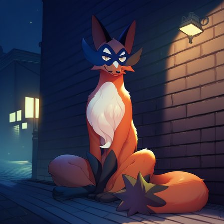 score_9, score_8_up, score_8, furry, Thievul, fox, Pokemon (creature), cartoon style, 2d, feral, sitting, looking at viewer, outside, dark alleyway, night, under streetlight, solo