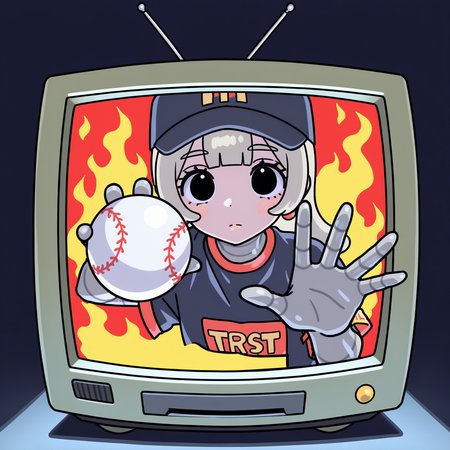 (masterpiece, best quality:1.2), amazing quality, very aesthetic, absurdres, perfect detail,
in display, terevision, crt, upper body, flaming background,
hand up, holding ball, baseball ball, reaching towards viewer, expressionless,
mcsetsuko, android,baseball cap,
<lora:XL_Ill_mcdo-set500-t1:1>