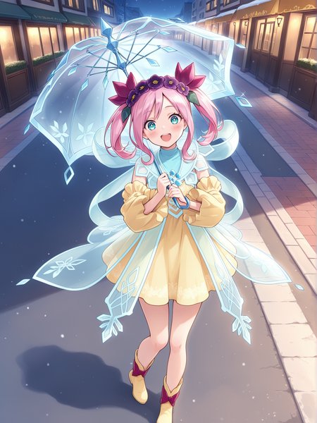 1girl,rikka queen strenna,solo,smile,open mouth,looking at viewer,crystal umbrella,holding crystal umbrella,blush,full body,yellow boots,:d,purple hair flower,see-through cape,yellow detached sleeves,yellow strapless dress,on street,winter,
masterpiece,best quality,amazing quality,very aesthetic,absurdres,newest,<lora:Rikka Queen Strenna illusXL v1.1:0.7>,