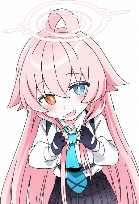 1girl, hoshino \(blue archive\), solo, heterochromia, ahoge, pink hair, gloves, necktie, long hair, fingerless gloves, skirt, fang, blue eyes, blue necktie, shirt, simple background, white background, white shirt, plaid skirt, black gloves, halo, plaid, long sleeves, looking at viewer, smile, collared shirt, very long hair, orange eyes, blush, holding hair, open mouth, hair between eyes, black skirt, skin fang, grey skirt, bangs <lora:ixyXL_NBVP1_lokr_V6311PZ:0.95>