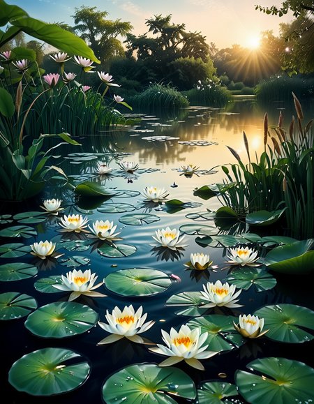 A highly detailed and realistic photograph of a serene lily pond surrounded by lush greenery. The calm water reflects the soft sunlight filtering through the overhanging trees. The surface is adorned with vibrant green lily pads, some with delicate pink and white water lilies in full bloom. A few dragonflies hover above the water, their wings catching the light. Gentle ripples create subtle distortions in the reflection of the sky and foliage. In the background, a dense array of reeds and aquatic plants frame the pond, adding depth and texture. The soft golden glow suggests late afternoon or early evening, enhancing the tranquil and picturesque atmosphere. The composition is balanced, drawing the viewerâs eye toward the natural beauty of the water lilies and their intricate details.
 <lora:SDXLFaeTastic2400:0.4> <lora:extremely_detailed:0.4> extremely detailed,<lora:lily_p0nd:1>,lily p0nd, Masterpiece,best quality,hi res,8k,hi res,8k,award winning,(sharp focus, intricate, highly detailed),