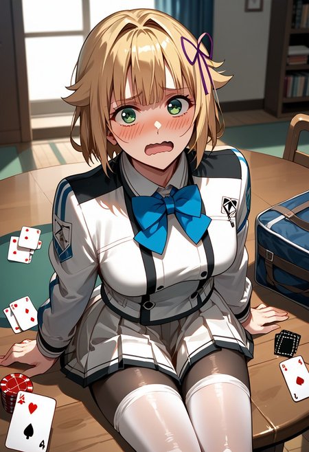 score_9,score_8_up,score_7_up,source_anime, Pearl Diamond,1girl,solo,blush,open mouth,skirt,long sleeves,holding,bow,ribbon,sitting,green eyes,jacket,school uniform,hair ribbon,pantyhose,pleated skirt,indoors,bowtie,black pantyhose,blue bow,white skirt,table,wavy mouth,wooden floor,blue bowtie,card,playing card,holding card