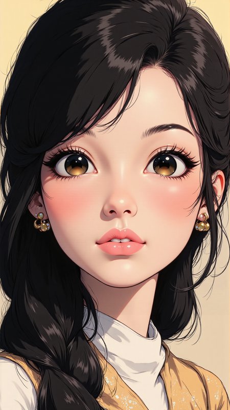 aidmafluxproultra, A high-quality, whimsical digital artwork in the style of pinksoftcoreanime, shuicai,High-resolution anime-style portrait with impressionistic influences of a striking young woman with long, silky black hair styled into intricate braided loops, a few delicate strands framing her face. Her deep-set, almond-shaped eyes are lined with soft, smoky eyeliner, enhancing their golden-brown irises that shimmer subtly in the light. Her long, curled lashes cast delicate shadows on her smooth, porcelain skin. A gentle flush of peachy blush warms her high cheekbones, complementing the soft pink gradient of her full lips, which are slightly parted with a natural sheen. The delicate shimmer of golden highlighter dusts the bridge of her nose and the tops of her cheeks, catching the light gracefully. She wears small, ornate earrings that peek through her cascading hair, adding an elegant, refined touch. The softly blurred background blends warm, painterly hues, subtly enhancing her delicate yet captivating expression <lora:aidmaFluxProUltra-FLUX-v0.1:0.3> <lora:PinkieSoftcoreAnimeFLUX:0.8> <lora:HMSG-æ°´å½©å¡éäººç©-F1:1.0>