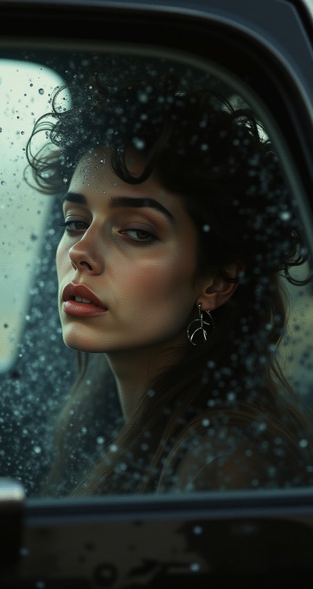 Cinematic, Beauty, Realism, Light and Shadow, Cinematography, Film Stills,
 1980s photo of a woman's face splashed onto a car window, her head disintegrates into a black fluid and breaks into fragments, motion blur, 1990s HD quality, cinematic still, kodak tri-x35mm, 50mm, sharp, wide lens