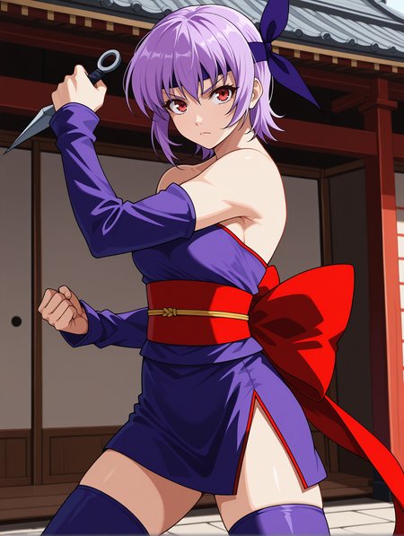 <lora:ayane-illustrious-000004:1> ayane, headband, ayanedef, strapless dress, obi, bare shoulders, purple detached sleeves, purple thighhighs, japanese clothes, purple dress, red back bow, 1girl, solo, kunai, serious, east asian architecture
masterpiece, best quality