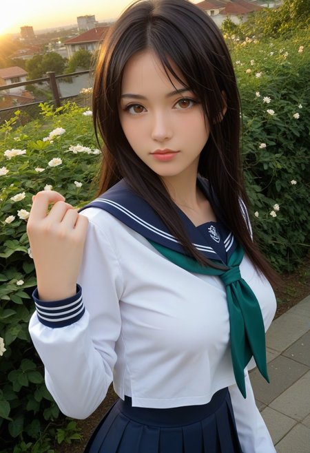 score_9, score_8_up, score_7_up, score_6_up, 
photo, 2000s nostalgia, cinematic, AdrianoStyle, flowers background, god rays, (1girl, wakoto,black hair,long hair,brown eyes, lips, school uniform, serafuku, white shirt, long sleeves, blue sailor collar, blue long skirt, green neckerchief, large breasts),
upper body, face focus, dynamic angle,cinematic angle,dutch angle,looking at viewer,standing split, leg up,rooftop,fence,sunset,, masterpiece,best quality, very aesthetic, absurdres, ultra detailed, high resolution, 4k, extremely detailed CG,Expressiveh