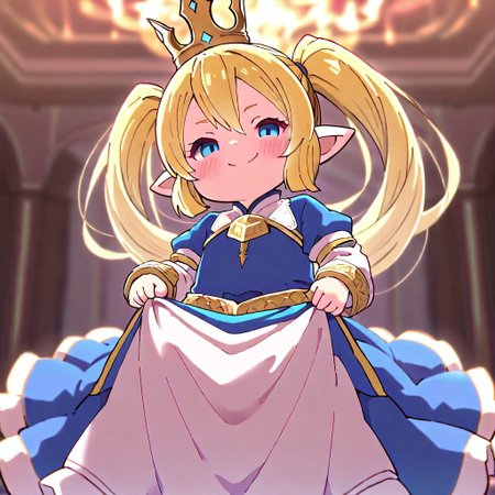 1girl, solo, best quality, masterpiece, lalafell, pointy ears, flat chest, shortstack. granblue fantasy, charlotta, harvin, blonde, long hair, blue eyes, blue dress, lace, long dress, tall crown, mesugaki, blush, smug, <lora:NTR_MIX_4.0_LORA:0.5>