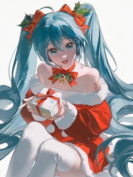 very awa, masterpiece, best quality, newest, absurdres, highres, year 2024, rumoon, (redum4:0.75), konya karasue, dino \(dinoartforme\), rella, suzumi \(ccroquette\), 1girl, hatsune miku, santa costume, santa dress, long sleeves, ((bare shoulders)), white thighhighs, neck ribbon, ((white background)), snowing, snowflakes, upper body, :d, jingle bell, holly, holding gift, hair bow, (((simple background))), collarbone, sitting,  <lora:z3zz4_075:0.45>