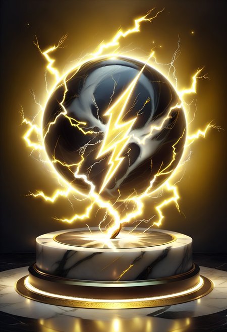 glowinglora, masterpiece, best quality, detailed illustration, (brighten the front:1.0), a large beautiful transparent marble, (yellow lightning symbol:1.4) inside the marble, glowing with power