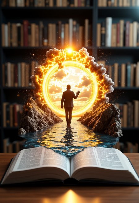 On top of a wooden table in a library full of books on shelves. The book's pages are open, fantastical scene. The central subject is an open book, mixed-media piece that merges a yellow-orange glowing swirling portal to another dimension with an open book. A darkened silhouette pokes through the portal, the silhouette is facing the viewer from the other side of the portal and beckoning to come to them. Surreal image featuring an open book with a fantastical scene.