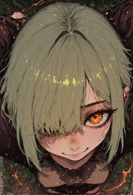 score_9, score_8_up, score_7_up, masterpiece, best quality, very aesthetic, detailed face, (dynamic:1.2), stylized, illustration, dynamic pose, (nsfw:1.2), girl, small nose, highres, absurdres,<lora:ck-shadow-circuit-IL:0.4> in the style of cksc, <lora:mon_monmon2133:0.2> <lora:Rapscallion_Illustrious:0.25> Rapscallionstyle, <lora:incoth:0.25> incoth, (incase:0.6), <lora:r17329_illu:0.35> r17329_illu, looking at viewer,  <lora:flatline_v2_-_Illus_x_Niji:0.35> Flatline, Flat vector illustration girl, anime girl, swamp, brown rocks, rocky, gentle smile, looking at viewer,  <lora:perspective:1> perspective, striking eye, brown eye, brown sparks, brown magic, glowing eye, (close up:1.3), extremely detailed, detailed eyes, striking face, very zoomed in, zoom, only face, huge eyes, short hair, bangs, hair over eye, green hair, close up, earth magic, earthy, face, hands behind head,  <lora:WeaponSpellBindIL:0.6> spell bind, earth brown magicâââ