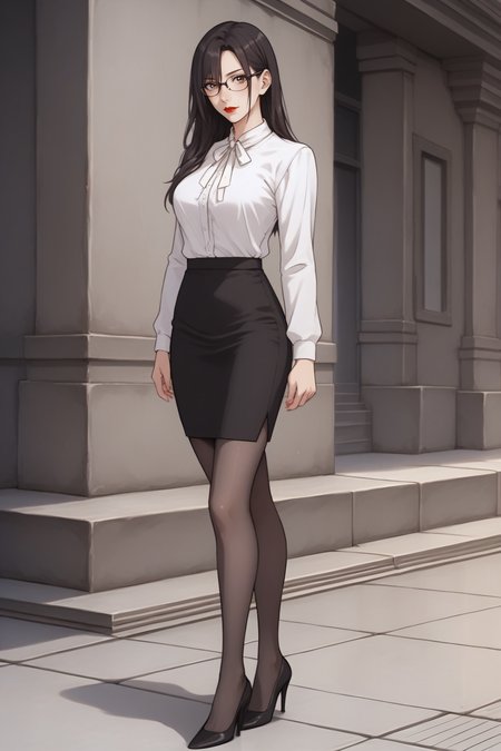 score_9, score_8_up, score_7_up, BREAK source_anime, <lora:Mayuri Hanyuu-PonyXL-lora-Faxtron:0.8> mayuri hanyuu, brown eyes, black hair, long hair, medium breasts, red lips, glasses, white shirt, white neck ribbon, pencil skirt, black pantyhose, high heels, standing,