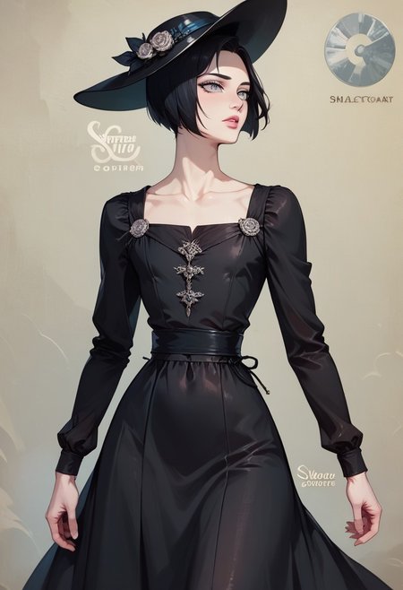 score_9, score_8_up, score_7_up, 1boy, femboy, otoko no ko, short hair, bob cut hair, black hair, grey eyes, gray eyes, feminine face, toned body, Shelly, 1930s fashion style, vintage, black dress, long dress, long sleeves, black headwear, collarbone, highly detailed, intricate, zzCitronCAT, pose, modelshoot