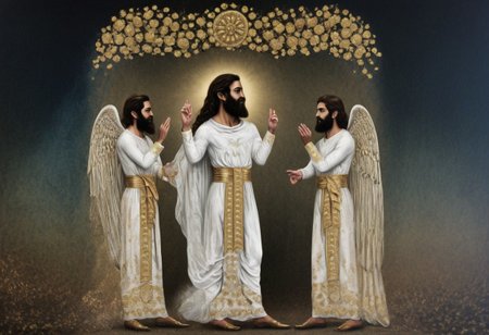 moon cycle arches above Cyrus the great in a long white dress meets with Zartosht, gold scrollwork, novuschroma style, daguerreotype photo