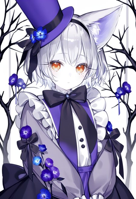 masterpiece, best quality, <lora:yoggiXL_ANI31_lokr_V43P1:0.95>  solo, animal ears, gloves, flower, 1girl, hat, black gloves, looking at viewer, long sleeves, bow, puffy sleeves, yellow eyes, purple flower, short hair, puffy long sleeves, upper body, hairband, white hair, animal ear fluff, ribbon, blue flower, closed mouth, black bow, grey hair, bare tree, top hat, white background, tree, pale skin, purple headwear, orange eyes, dress, black hairband, frills