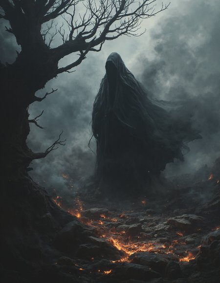 A hooded figure cloaked in black stands in a smoky, mystical landscape. Their face is hidden, and tendrils of darkness swirl around them, giving an ethereal, ghostly effect. A twisted, barren tree looms on the left, adding to the eerie atmosphere. The ground is covered in ash and glowing embers, hinting at destruction or a supernatural event. Dark, muted colorsâblack, grey, and brownâdominate, with a fiery glow from the ground providing sharp contrast. The scene feels chaotic and foreboding, with rough, smoky textures blending into the background, <lora:aidmaMJ6.1:0.6>, <lora:fluxenhancer:0.3>
