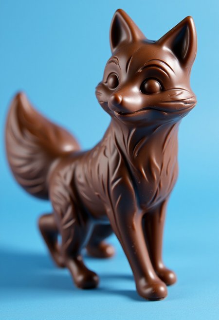chocolate style.  The image presents a close-up view of a chocolate anthro anthropomorphic fox, meticulously crafted with attention to detail, which adds a touch of realism to the scene. The blue sky contrasts beautifully with the rich brown hue of the chocolate fox.
The fox itself is a delightful treat for the eyes. It has been made from what appears to be dark chocolate, giving it a glossy finish that enhances its visual appeal. The fox's body and legs are clearly visible, while its tail is slightly less distinct. This gives the impression of a sly creature poised in motion, ready to spring into action at any moment.
The background is blurred, ensuring that the focus remains solely on the chocolate fox.. This effect creates a sense of depth and perspective, making the image appear even more lifelike and realistic. Overall, this image captures the essence of a chocolate fox in an eye-catching and detailed manner.
