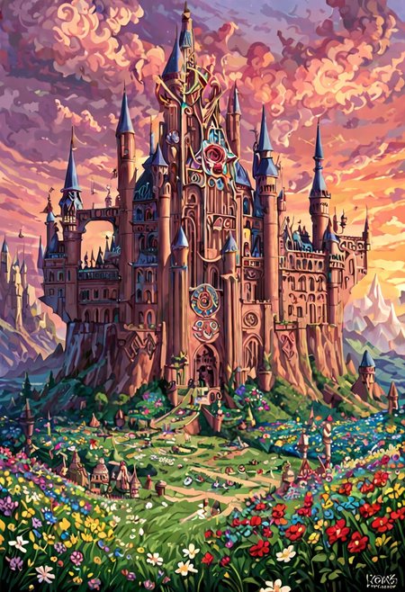 matchcraft floating island,((castle)),ruanyi0956, labyrinth, ((labyrinths)),labyrinth multicolor, grass,flower field,lalangheej, flores rainbow, flowers multicolor, rainbow ,outdoors,sunset,score_9,score_8_up