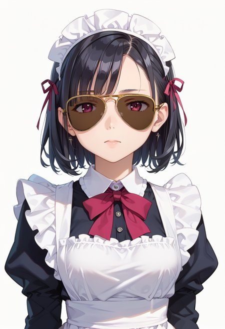 score_9, score_8_up, score_7_up, rating_safe, masterpiece, best quality, absurdres, unity 8k wallpaper, official art, official style, source_anime, uncensored, game cg, megami magazine,
1girl, solo, black hair, medium hair, upper body, maid, maid headdress, black dress, maid apron,
sg-AVIATOR, sunglasses, dark-tinted eyewear, covered eyes, white background, simple background, yellow-framed eyewear
 <lora:glasses_aviator_PONY_V2:1>