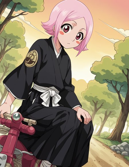 score_9, score_8_up, score_7_up, source_anime, <lora:yachiru-kusajishi-anime-ponyxl-lora-nochekaiser:1>, yachiru kusajishi, short hair, pink hair, pink eyes, blush stickers, forehead,, long sleeves, japanese clothes, hakama, black hakama,, bike ride, countryside, dirt road, trees, afternoon sun, peaceful, alone, , , knee bent, hand on knee, arm out to side, solo,, cowboy shot, dutch angle