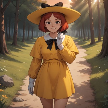 score_9, score_8, BREAK, solo, Madeline_Fogg, 1girl, solo, cute, black eyes, yellow hat with a black hair bow, yellow school dress, white gloves, red hair, socks, black shoes, self portrait, smile, looking at viewer, outdoors, sunlight, shadows, evening lighting, natural lighting, forest, trees, grass, orange sky, sunset