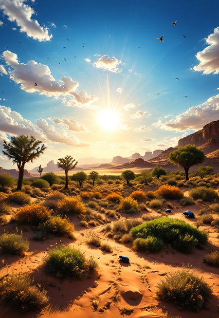 Noon time, bright scorching sun, few clouds, bright blue skies, desert, oasis in the desert surrounded by grass and a few trees, birds flying overhead, scarab beetles with various metallic and gem colors around the grass,
Photorealistic, Highly detailed, masterpiece, 4k, high resulution, great lighting,