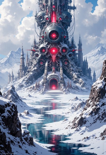 mythp0rt, ArsMJStyle, impressionism, morph of scifi and medieval smooth and sharp, ultra realistic ominous and dark, deep shadows , castle in the snowy wasteland, frozen river nearby, huge snowy mountaintops, view down from the huge height, huge core-like generator spherical radiates red energy, pale white skies clear, slight mist over the scene, wires and pipes coming out of the core structure, black moon,  frozen lake, mountains are square shaped and abstract, snow desolate space, snowflakes close to the camera, white lines in the sky, scene is white blue with touches of dark black, desolate, intricate and detailed,