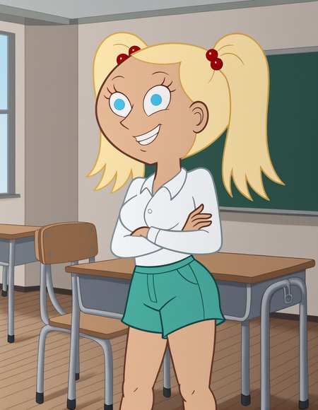 source_cartoon, rating_safe, flat color, BREAK <lora:miracleXL_LoRA-C3Lier_AdamW_Dim8_Alpha8_UN-3e-4_TE-1.5e-4_6batch_ponyDiffusionV6XL_v6StartWithThisOne:1>, miracle grohe, 1girl, hair bobbles, blonde hair, twintails, blue eyes, blank eyes, dark-skinned female, medium breasts, white shirt, green shorts, grin, crossed arms, standing, school, classroom