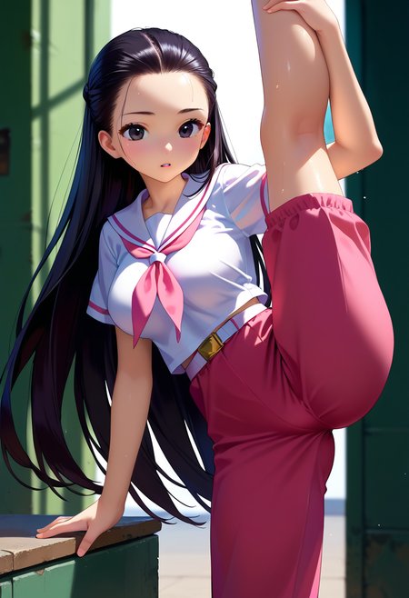 score_9, score_8_up, score_7_up, score_6_up, score_5_up, source_anime,
1girl, solo,
<lora:super_oume_otane:1>, black eyes, hair slicked back, very long hair, black hair,  white serafuku, school uniform, pink neckerchief, pink pants, white belt, sailor collar, short sleeves, sandals:0.5
long pants,
 shiny skin, sweat, big breasts, (standing on one leg, leg_lift, folded, on leg up:1.5),