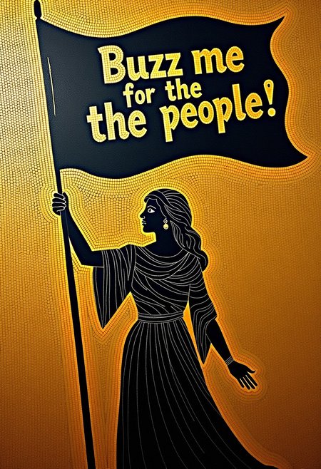 a byzantine golden mosaic depicts a black anarchist woman waving a black flag. on the flag is written in peppier typo "Buzz me for the people!"