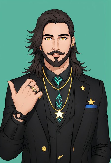 Duskfallcrew Art Style,  solo,  long hair,  looking at viewer,  smile,  simple background,  shirt,  black hair,  1boy,  brown eyes,  jewelry,  jacket,  yellow eyes,  upper body,  male focus,  necktie,  hand up,  necklace,  star (symbol),  vest,  black jacket,  facial hair,  ring,  beard,  green background,  cropped torso,  mustache, cyberpunk, soft lighting,  best illustration,  cinematic angle, cinematic lighting, masterpiece,  official art,
